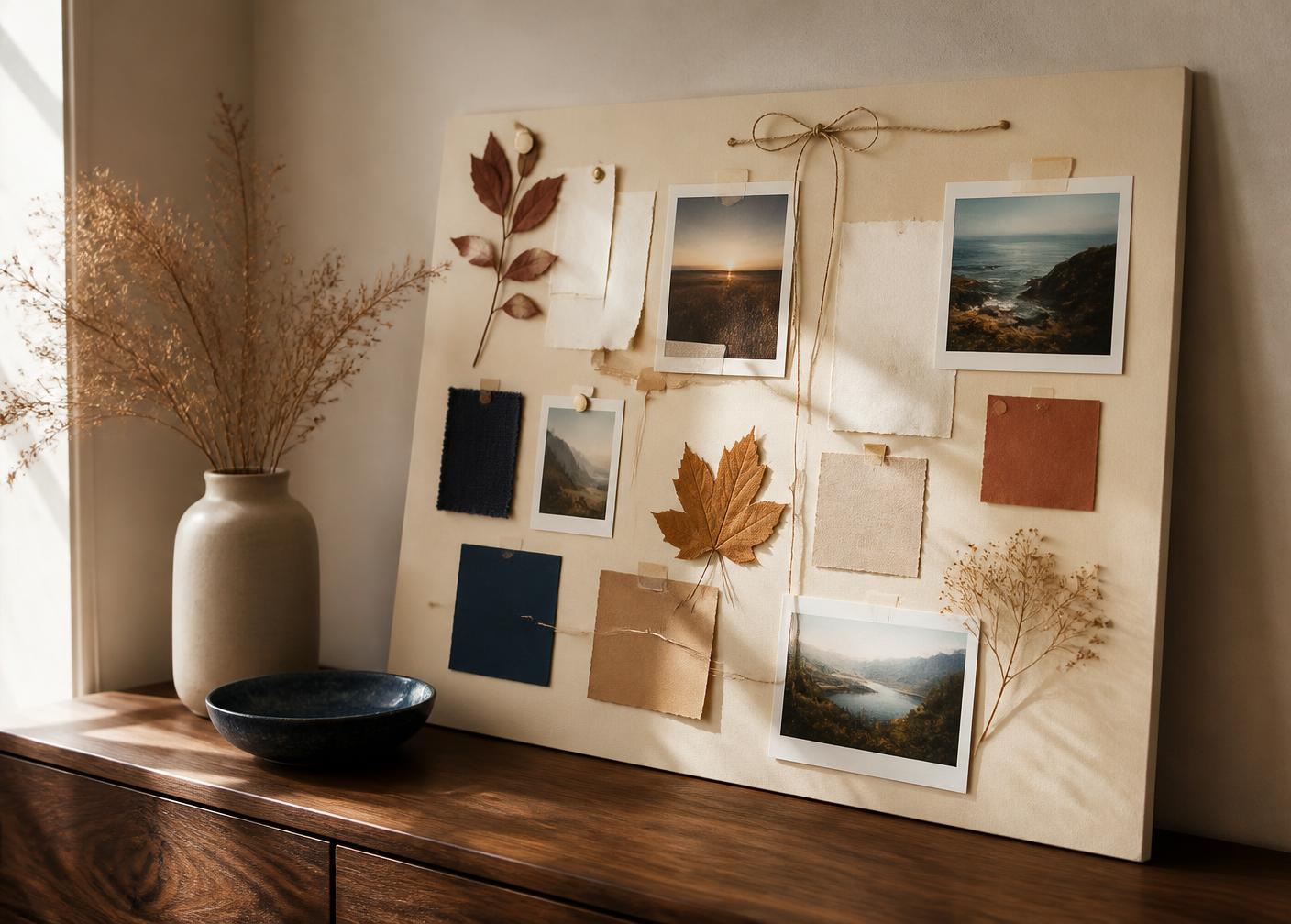 A finished gratitude board of handwritten cards, pressed leaves and photographs leaning on a wooden sideboard