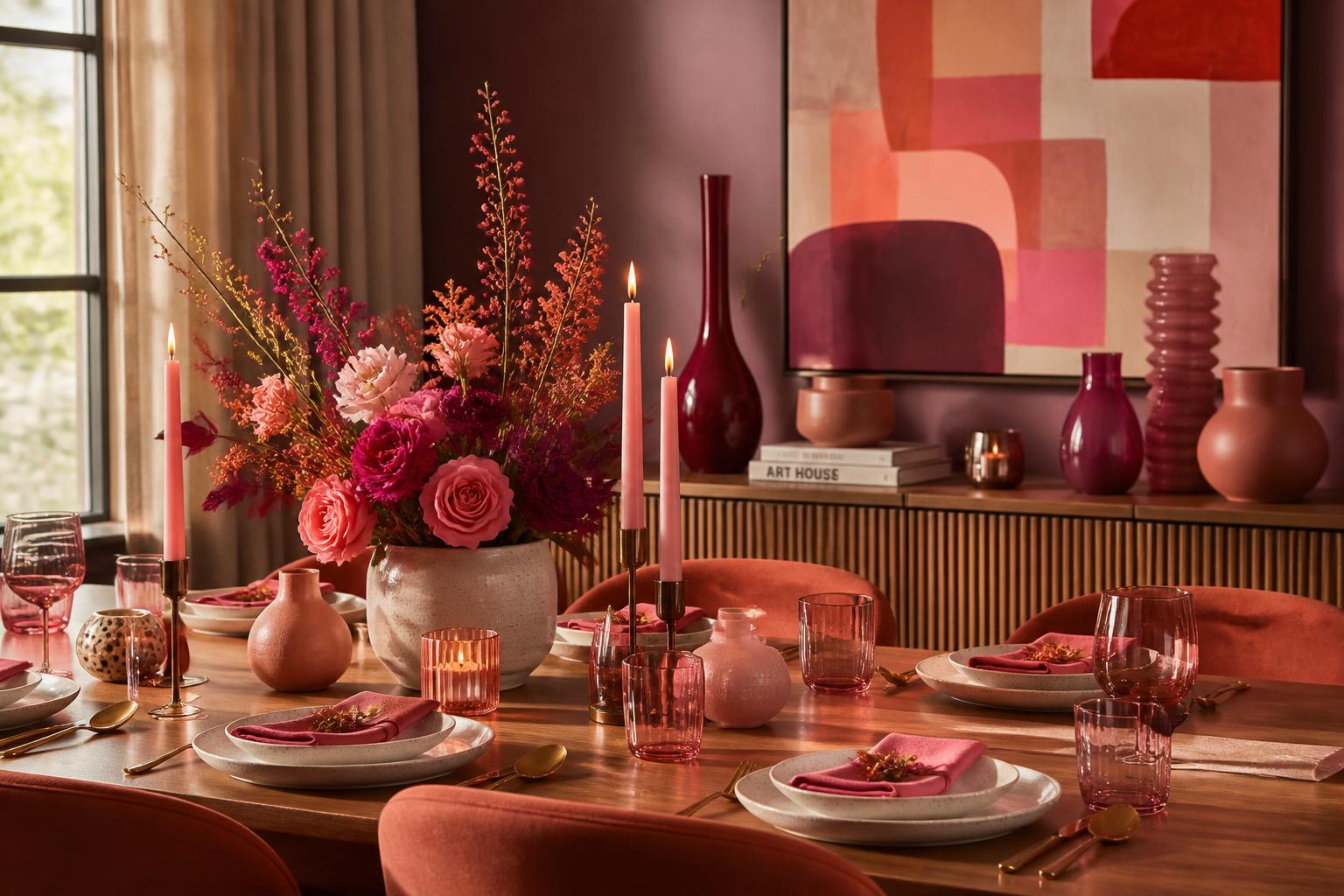 A modern dining room in bright daylight, set with candles, florals and handwritten cards